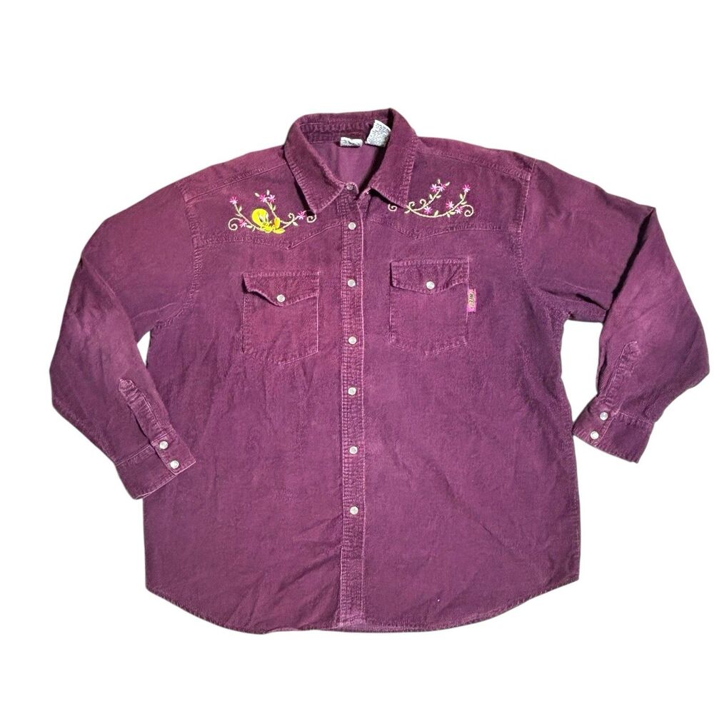 VTG Tweety Bird Corduroy Shirt Womens LG Purple Pearl Snap Looney Tunes Western